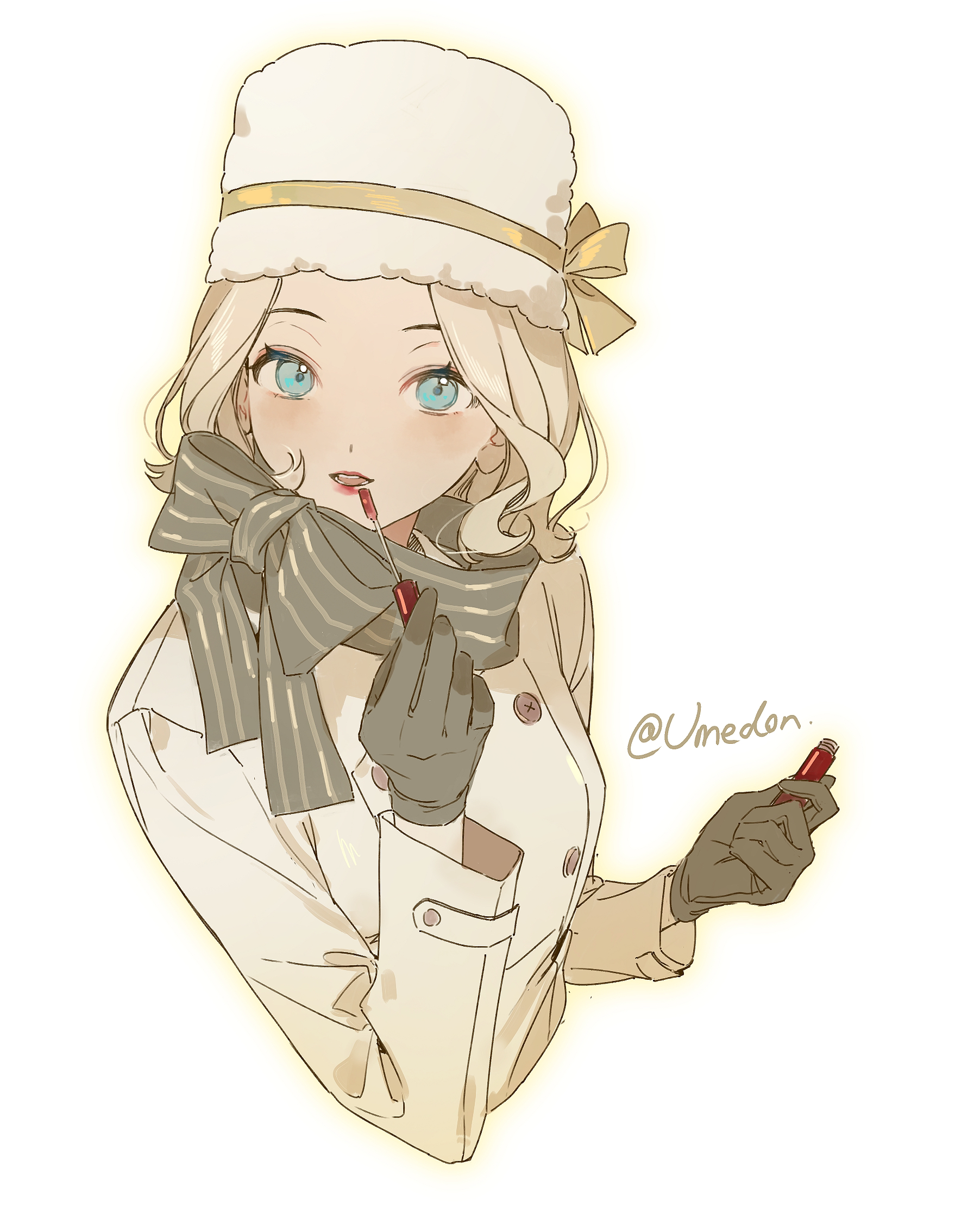 identity v, highres, 1girl, applying makeup, black gloves, blonde hair, blue eyes, bob cut, brown coat, coat, evelyn mora, fur hat, gloves, hat, hat ribbon, holding, lipstick, long sleeves, looking to the side, makeup, ribbon, scarf, shizuka0217, short hair, solo, striped clothes, striped scarf, trench coat, twitter username, upper body, white background, winter clothes