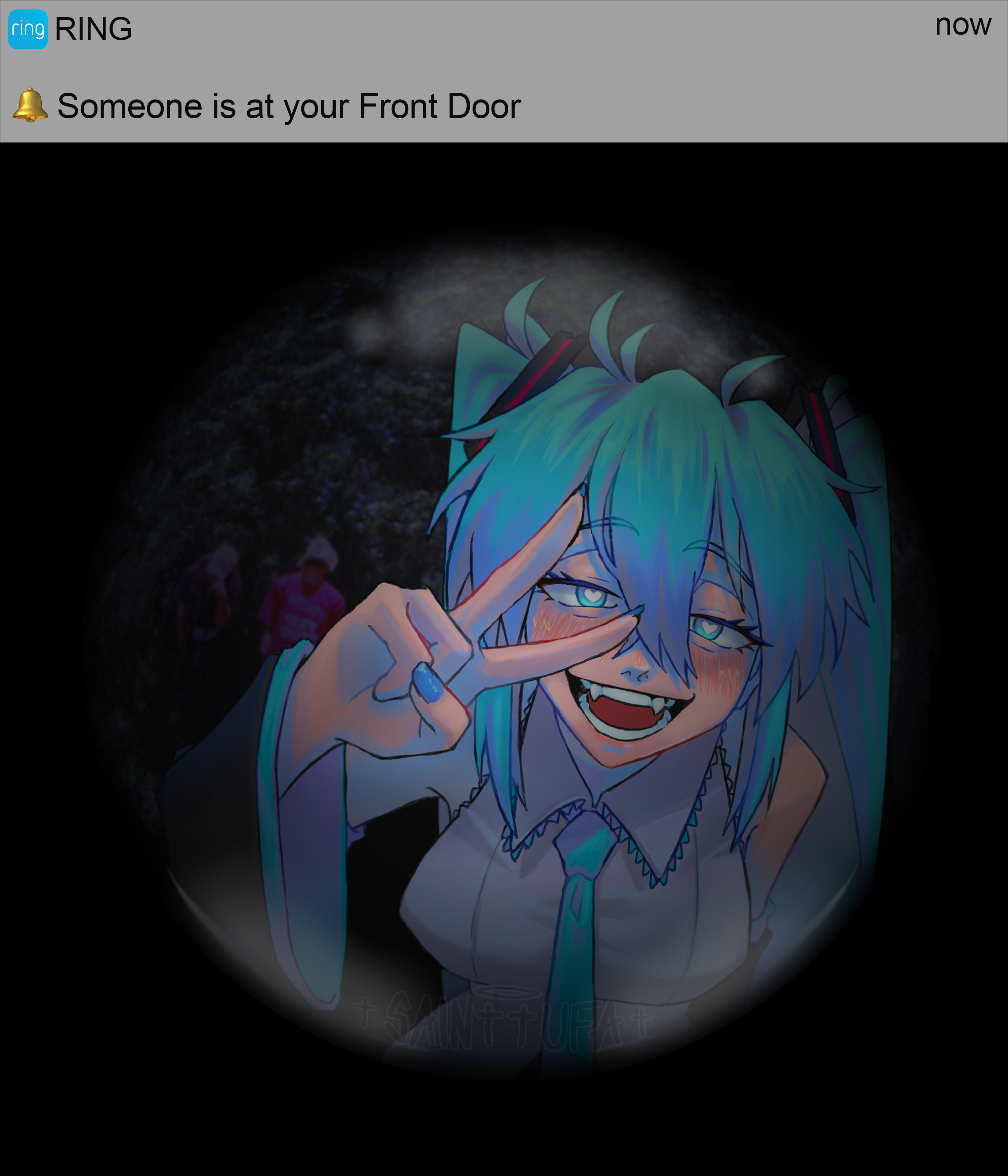 sainttufa, hatsune miku, vocaloid, absurdres, highres, 1girl, aqua eyes, aqua hair, aqua nails, arm behind back, artist name, bare shoulders, blue necktie, blush, circle, collared shirt, detached sleeves, fangs, grey shirt, heart, heart-shaped pupils, leaning forward, long hair, looking at viewer, meme, nail polish, necktie, open mouth, pov, pov peephole, shirt, smile, solo, symbol-shaped pupils, teeth, twintails, upper body, v, yandere