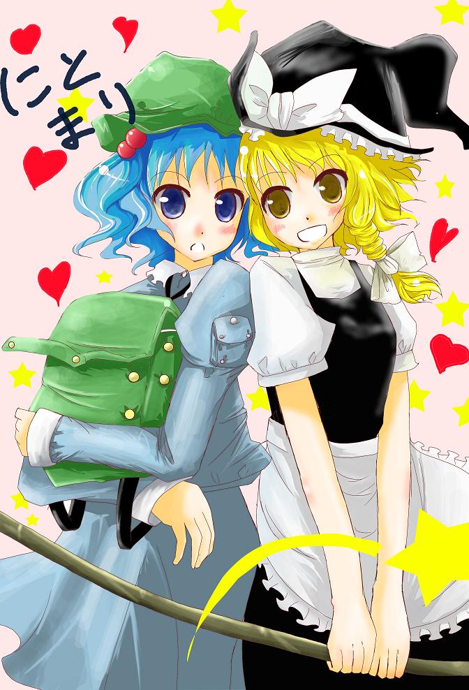 arano oki, saba miso, kawashiro nitori, kirisame marisa, touhou, 2girls, blonde hair, blue eyes, blue hair, character name, female focus, hair bobbles, hair ornament, hat, multiple girls, two side up, yellow eyes