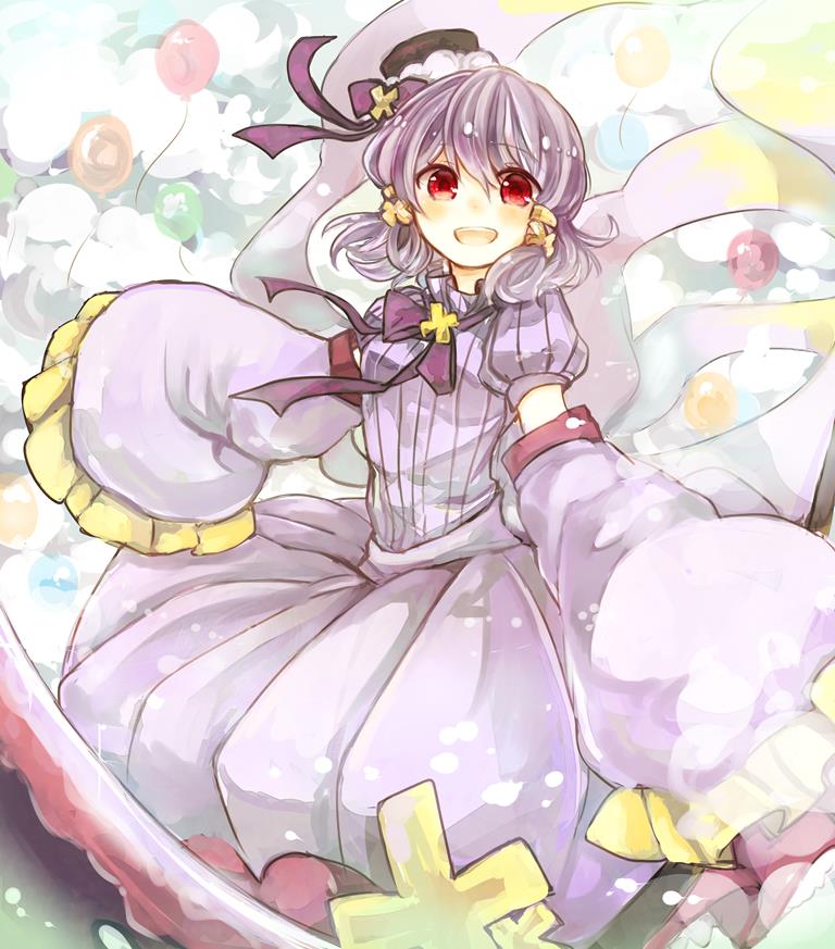 akikazekinoko, drifblim, nintendo, pokemon, 1girl, :d, balloon, cloud, detached sleeves, dress, gen 4 pokemon, hair ornament, looking at viewer, open mouth, personification, purple dress, purple hair, purple ribbon, red eyes, ribbon, sleeves past fingers, sleeves past wrists, smile, solo, wide sleeves, x hair ornament
