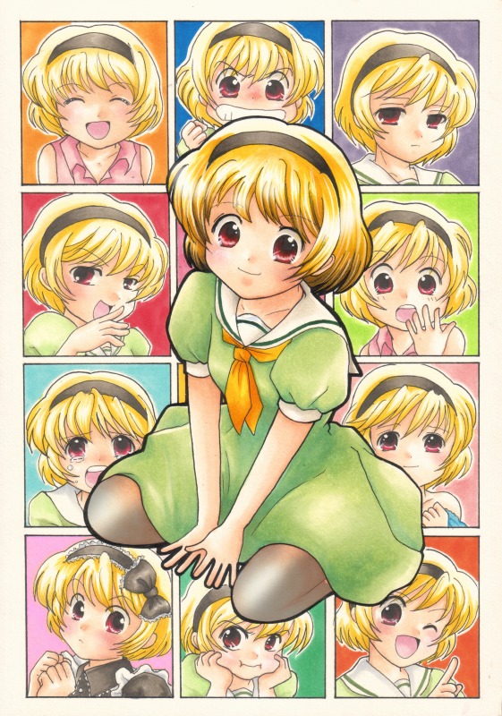 gintarou (puipuiginta), houjou satoko, higurashi no naku koro ni, bad id, bad pixiv id, 00s, 1girl, blonde hair, dress, hairband, red eyes, sailor dress, short hair, sitting