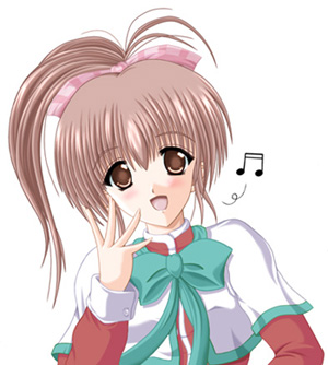 kanon, lowres, non-web source, brown eyes, brown hair, cosplay, long hair, musical note, ponytail, school uniform