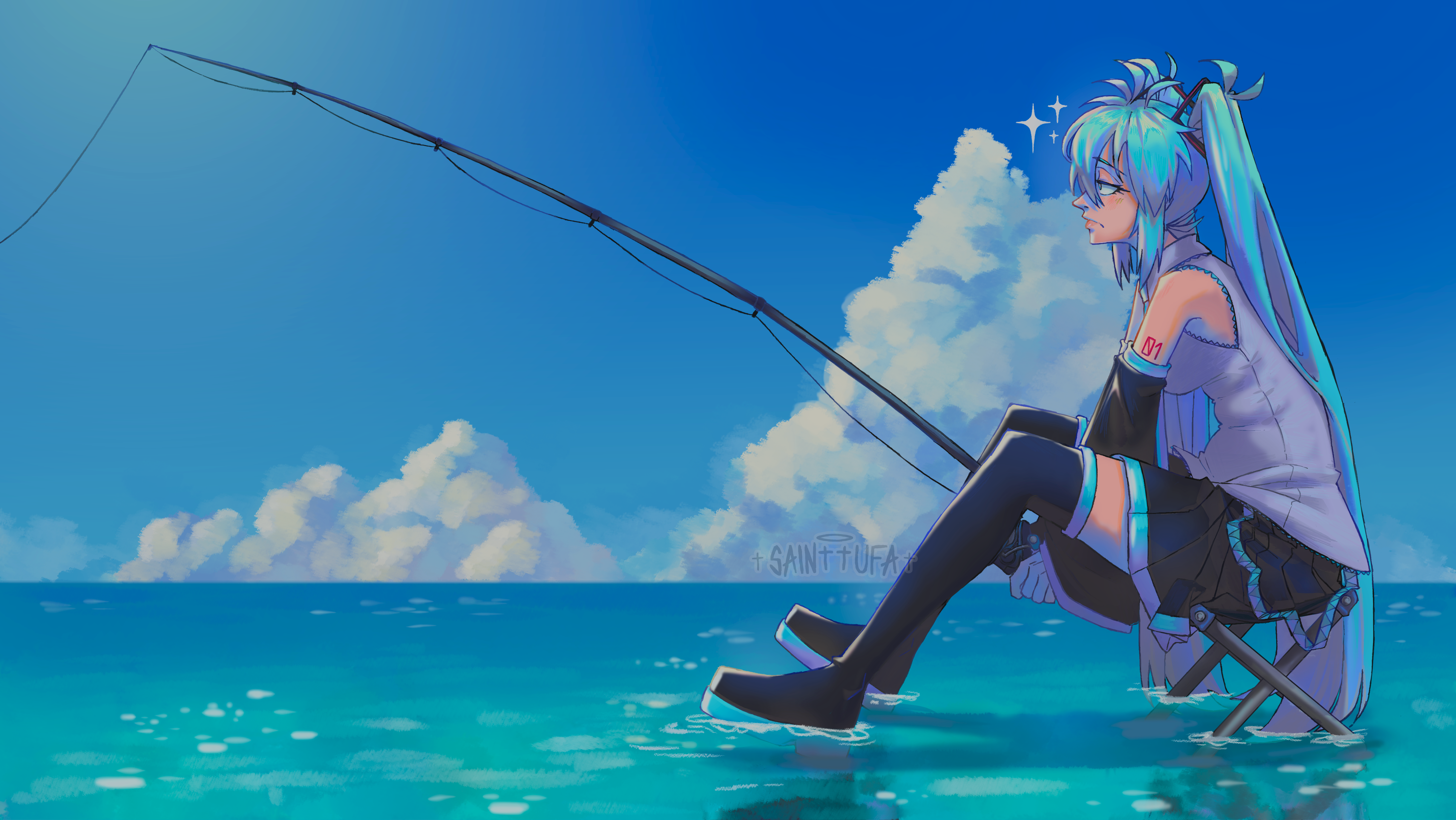 sainttufa, hatsune miku, vocaloid, absurdres, highres, 1girl, aqua eyes, aqua hair, artist name, bare shoulders, black boots, black skirt, black sleeves, blue sky, boots, closed mouth, cloud, cloudy sky, day, detached sleeves, fishing, fishing rod, from side, full body, grey shirt, hair ornament, holding, holding fishing rod, long hair, ocean, outdoors, pleated skirt, profile, shirt, sidelocks, sitting, skirt, sky, sleeveless, sleeveless shirt, soaking feet, solo, thigh boots, twintails, very long hair, water, watermark