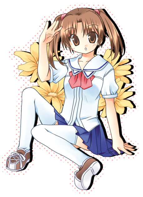 nekono osero, non-web source, 1girl, arm support, brown eyes, brown hair, female focus, flower, school uniform, sitting, skirt, solo, thighhighs, twintails, white thighhighs