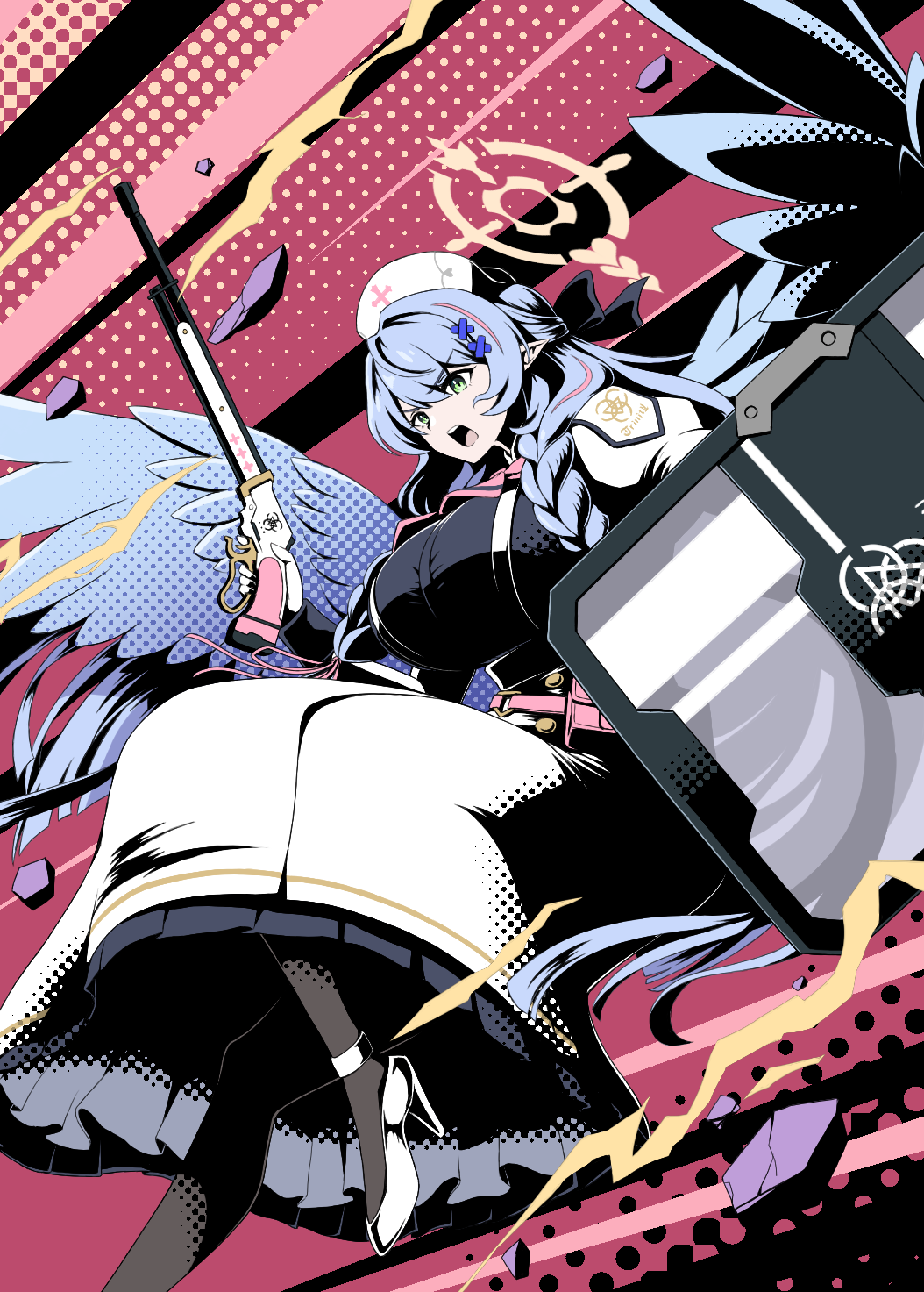 suke (share koube), mine (blue archive), blue archive, highres, 1girl, blue hair, blue wings, braid, breasts, dress, gloves, green eyes, gun, halo, hat, high heels, holding, holding gun, holding shield, holding weapon, juliet sleeves, large breasts, long dress, long hair, long sleeves, nurse cap, pointy ears, puffy sleeves, shield, shotgun, weapon, white gloves, wings, yellow halo