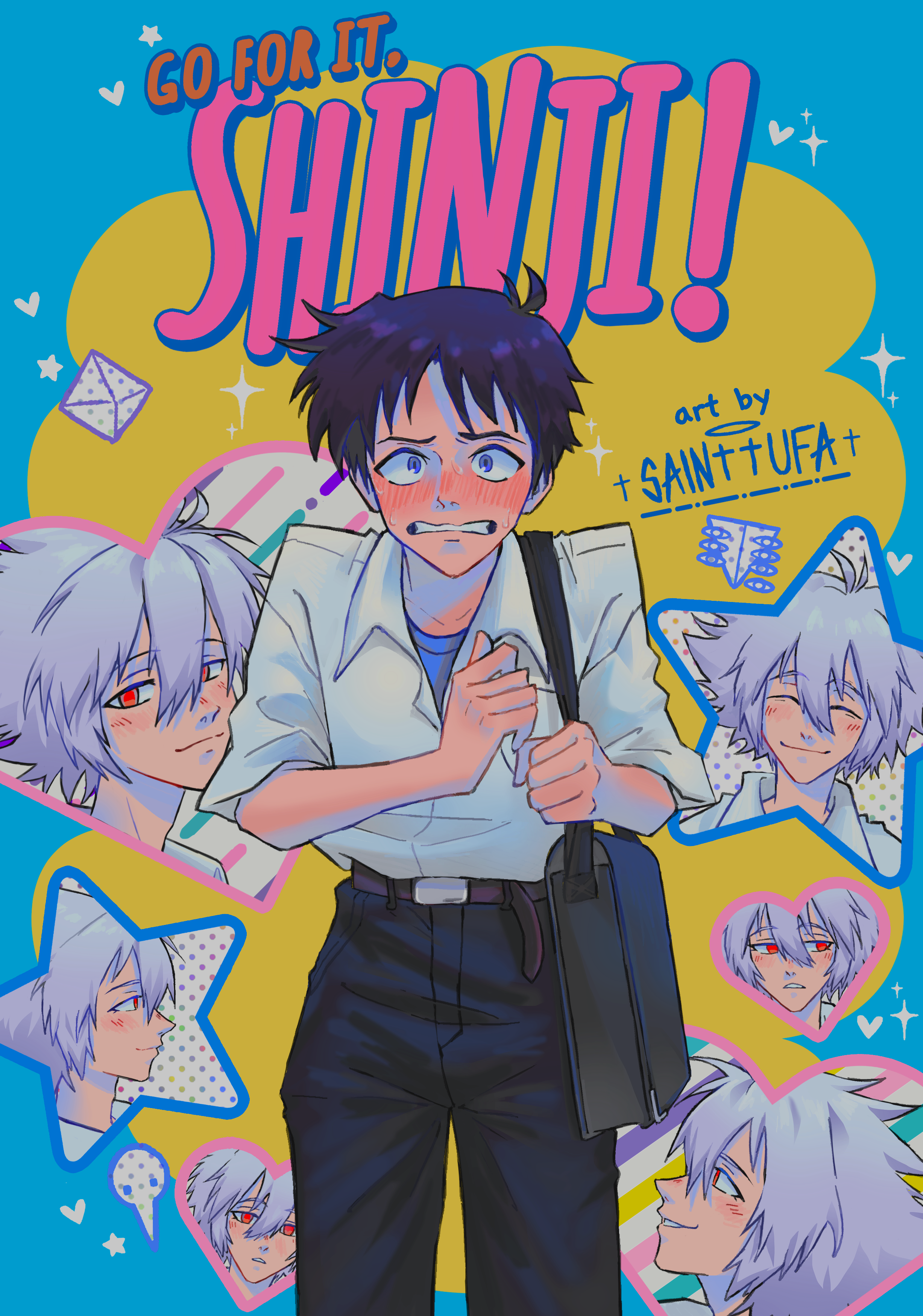 sainttufa, ikari shinji, nagisa kaworu, ganbare! nakamura-kun!!, neon genesis evangelion, absurdres, highres, 2boys, artist name, bag, belt, black pants, blue eyes, blue shirt, blush, brown hair, closed eyes, closed mouth, collarbone, collared shirt, cover, cover page, cowboy shot, english text, fake cover, ganbare! nakamura-kun!! cover parody, grey hair, hair between eyes, hands up, heart, layered clothes, long sleeves, looking at viewer, male focus, manga cover, multiple boys, multiple views, nervous, nose blush, open mouth, pants, parody, red eyes, school uniform, shirt, simple background, smile, sparkle, standing, star (symbol), sweat, t-shirt, teeth, title parody, white shirt, yaoi