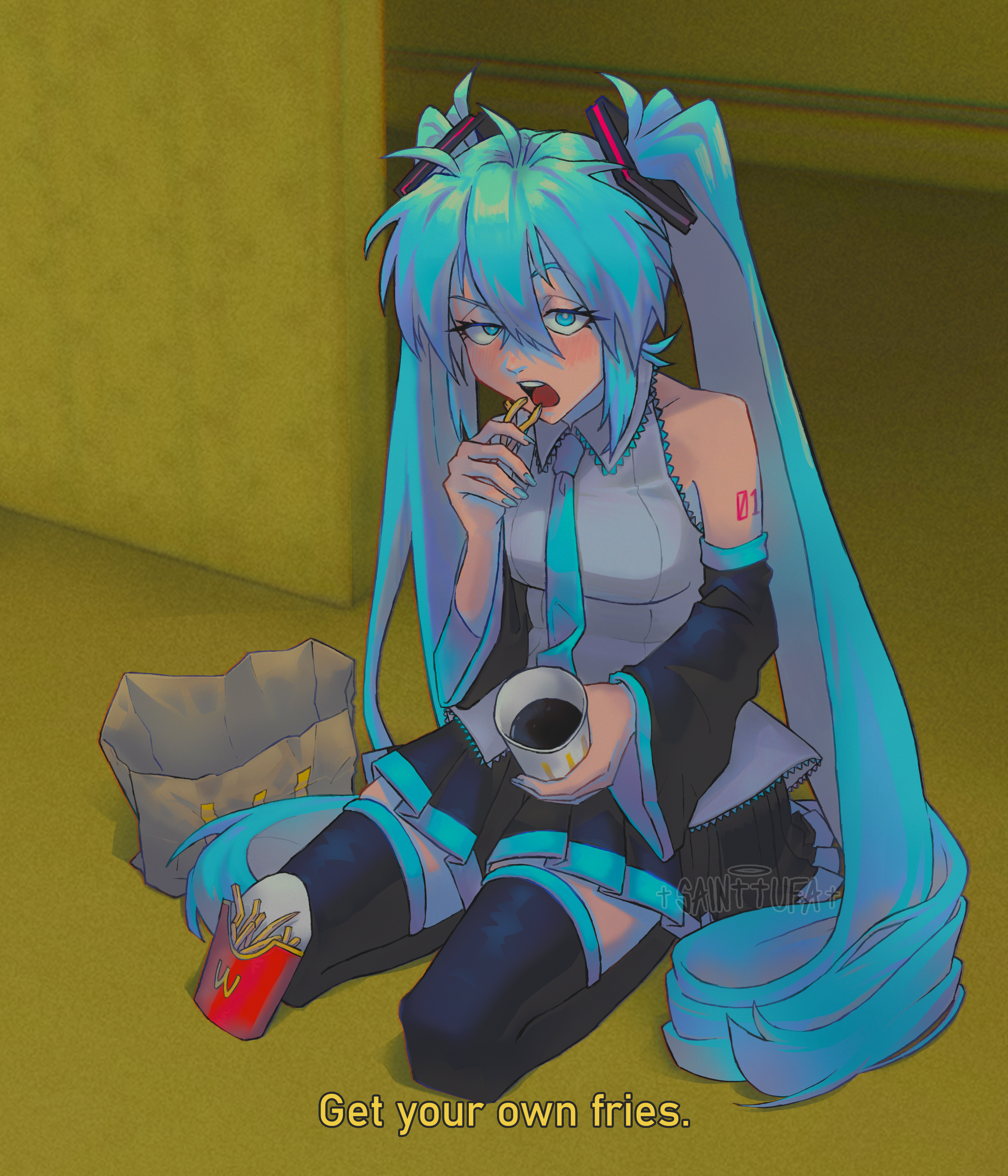 sainttufa, hatsune miku, backrooms (creepypasta), vocaloid, wcdonald's, absurdres, highres, 1girl, aqua eyes, aqua hair, aqua nails, aqua necktie, artist name, bare shoulders, black boots, black skirt, black sleeves, boots, brand name imitation, bright pupils, cup, detached sleeves, disposable coffee cup, disposable cup, eating, english text, fast food, film grain, food, french fries, grey shirt, hair between eyes, hair ornament, hand up, heterochromia, holding, holding cup, indoors, logo parody, long hair, long sleeves, looking at viewer, meme, nail polish, necktie, number tattoo, on floor, open mouth, pleated skirt, raised eyebrow, seiza, shirt, shoulder tattoo, sitting, skirt, sleeveless, sleeveless shirt, soda, solo, subtitled, tattoo, teeth, thigh boots, twintails, upper teeth only, very long hair, watermark, white pupils