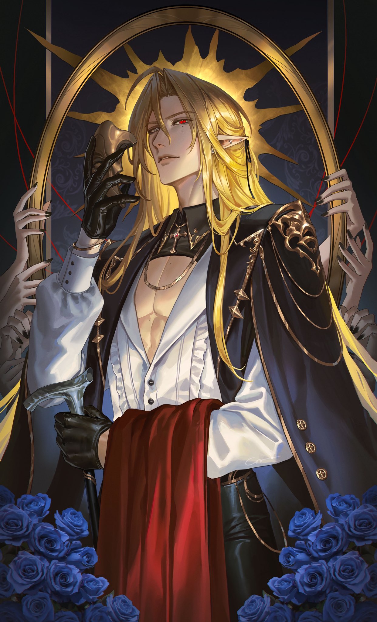 crovius, hugo vlad, zenless zone zero, highres, 1boy, accessories, black coat, black gloves, black nails, black pants, blonde hair, blue flower, bracelet, cane, coat, cross, cross necklace, flower, frilled shirt, frills, gloves, gold necklace, gold trim, grey eyes, hair between eyes, hair ornament, half mask, heterochromia, holding, holding cane, holding mask, holding picture frame, jewelry, long hair, looking at viewer, mask, mole, mole under eye, necklace, open mouth, pants, pectoral cleavage, pectorals, picture frame, pointy ears, red eyes, red shrug, shirt, shrug (clothing), standing, string, string of fate, sun, sun print, teeth, thread, white shirt