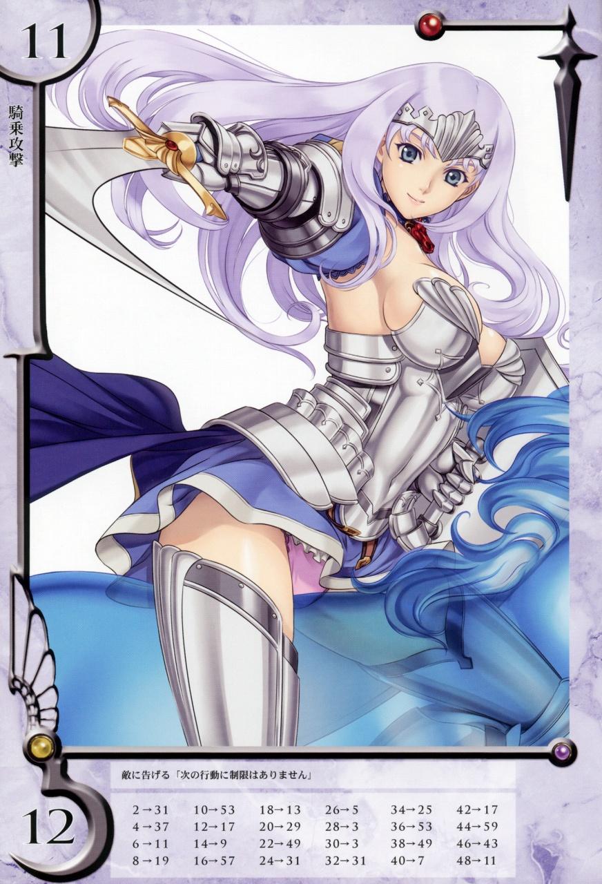 eiwa, ambrosius, annelotte, knight princess annelotte, queen's blade, queen's blade rebellion, highres, 00s, 10s, 1girl, annelotte (queen's blade), armor, armored dress, blue eyes, breasts, dress, elbow gloves, female focus, gloves, horse, large breasts, long hair, panties, purple hair, purple panties, shield, sideboob, smile, solo, sword, thighhighs, tiara, underwear, weapon
