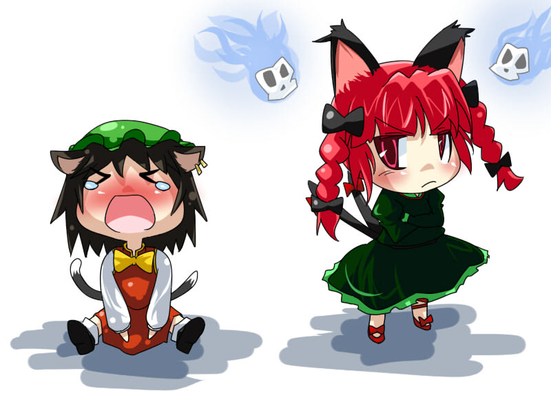 geperu, obyaa, chen, kaenbyou rin, touhou, bad id, bad pixiv id, > <, 2girls, animal ears, braid, brown hair, cat ears, cat girl, cat tail, chibi, closed eyes, crossed arms, dress, earrings, female focus, jewelry, multiple girls, multiple tails, red eyes, red hair, short hair, tail, tears, twin braids