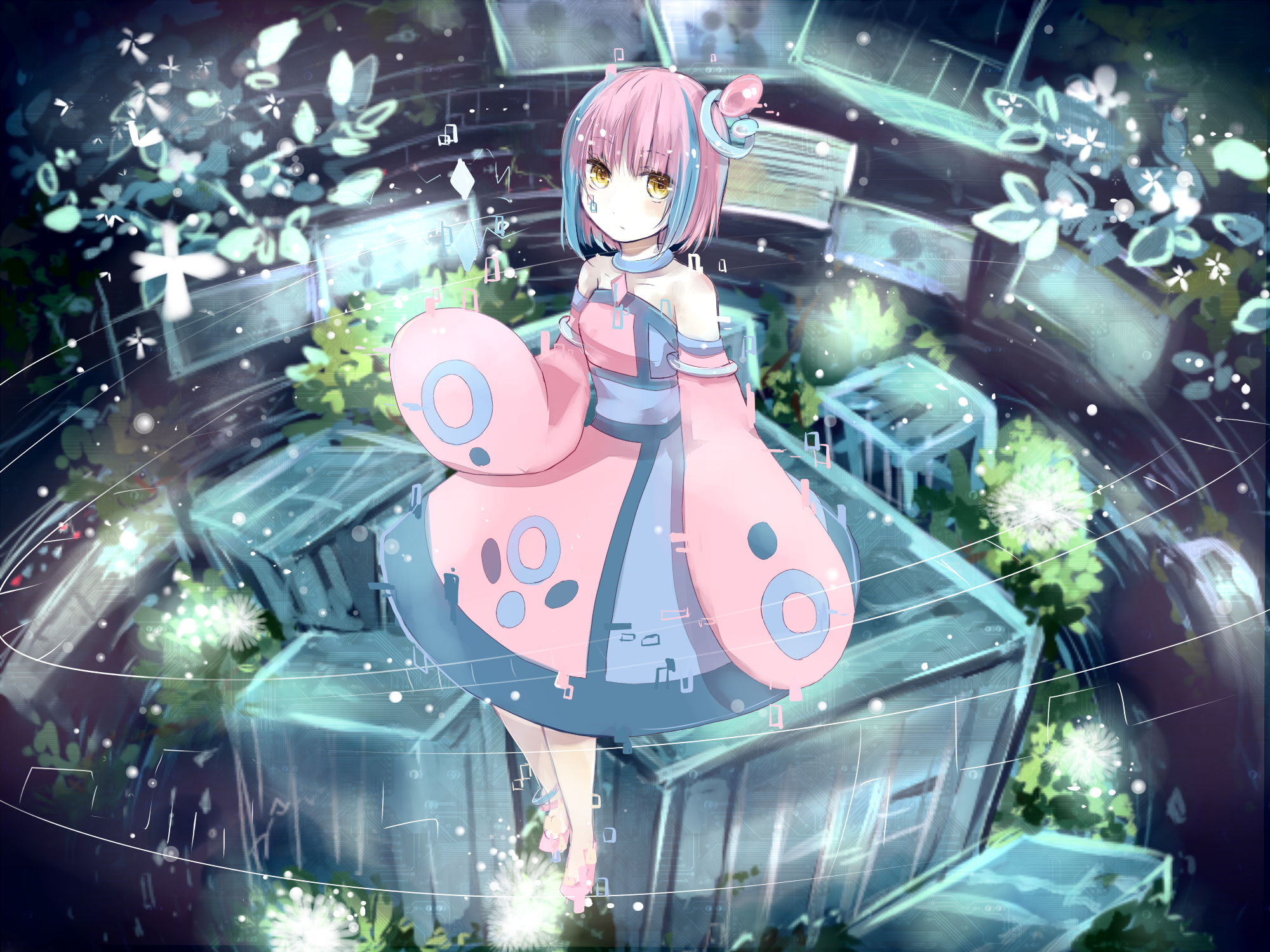 akikazekinoko, porygon-z, nintendo, pokemon, highres, 1girl, blue hair, blurry, blurry background, breasts, full body, gen 4 pokemon, glitch, hair ornament, multicolored hair, personification, pink hair, short hair, sleeves past fingers, sleeves past wrists, small breasts, solo, two-tone hair, yellow eyes