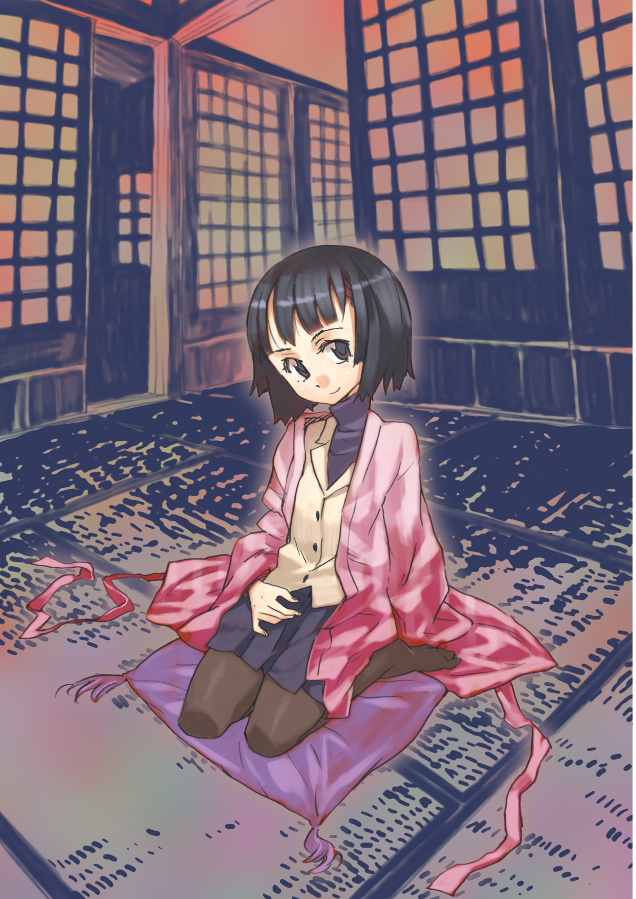 katou haruaki, original, highres, black eyes, black hair, kneeling, pantyhose, short hair, skirt, smile, solo