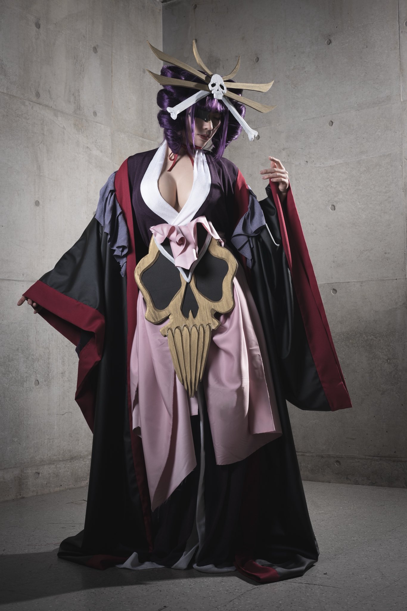 sw 30a, katen kyoukotsu, bleach, real life, cosplay photo, photo (medium), breasts, cleavage, cosplay, drill hair, eyepatch, hair ornament, katen kyoukotsu (cosplay), large breasts, purple hair, skull hair ornament, twin drills, wig, zanpakutou (spirit)