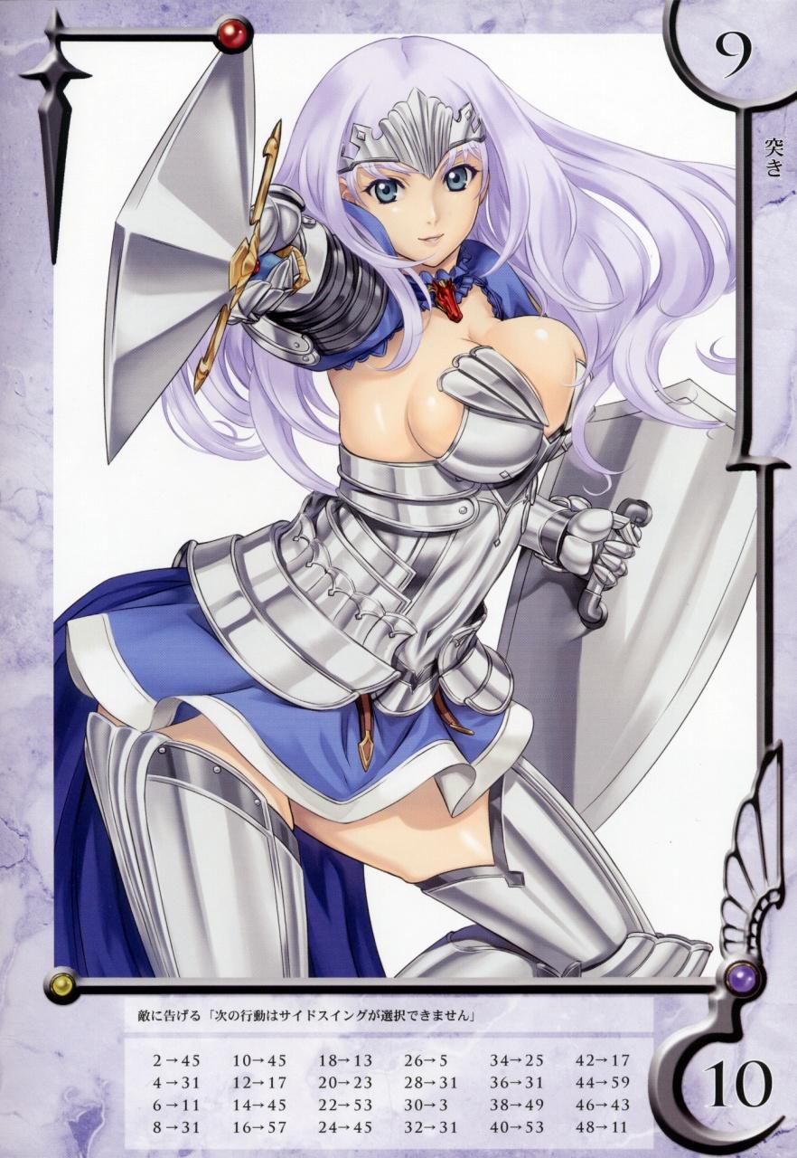 eiwa, annelotte, knight princess annelotte, queen's blade, queen's blade rebellion, highres, 00s, 10s, 1girl, annelotte (queen's blade), armor, armored dress, blue eyes, breasts, dress, elbow gloves, female focus, gloves, large breasts, long hair, navel, purple hair, shield, sideboob, solo, sword, teeth, thighhighs, tiara, weapon