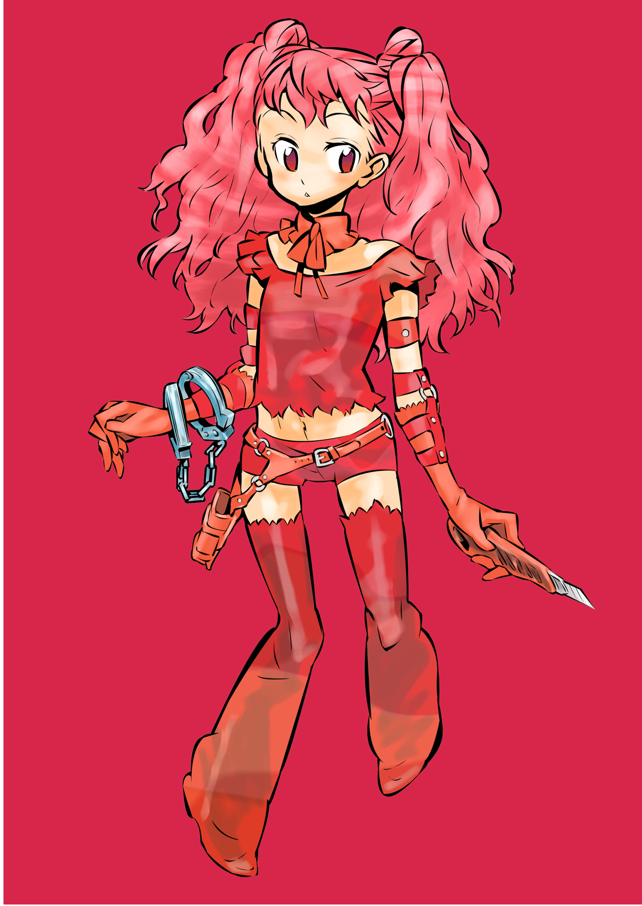 katou haruaki, bad id, bad pixiv id, highres, 1girl, belt, blush, boots, boxcutter, cuffs, curly hair, elbow gloves, female focus, flat chest, gloves, hair clipper, handcuffs, holding, holding boxcutter, long hair, red background, red boots, red eyes, red hair, red theme, shorts, simple background, solo, thigh gap, thighhighs, thighs