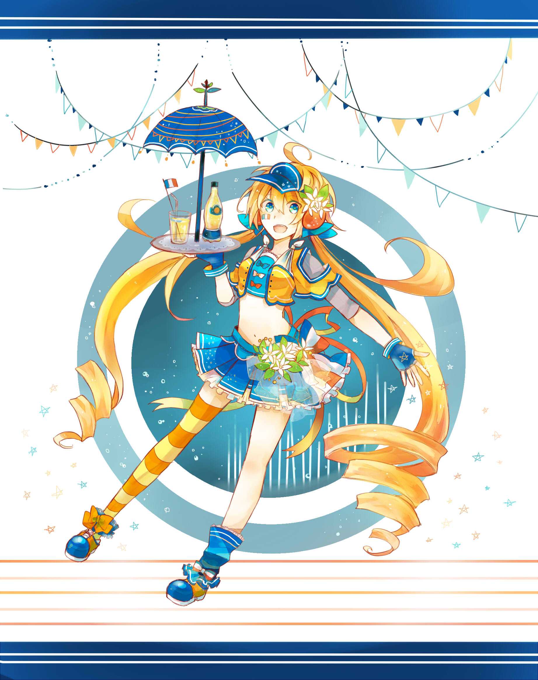 akikazekinoko, orangina, highres, 1girl, ahoge, blue bow, blue gloves, blue skirt, bow, breasts, fingerless gloves, flower, french flag, full body, gloves, hair bow, hair flower, hair ornament, holding, holding tray, long hair, midriff, miniskirt, orange hair, single thighhigh, skirt, small breasts, solo, standing, string of flags, striped clothes, striped thighhighs, thighhighs, transparent bow, tray, twintails, umbrella, very long hair, visor cap