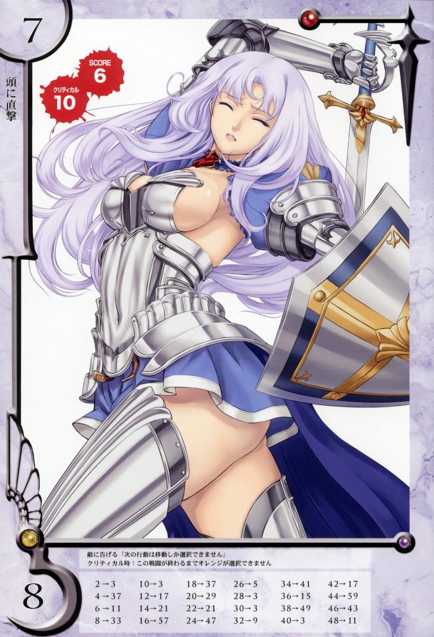 eiwa, annelotte, knight princess annelotte, queen's blade, queen's blade rebellion, highres, 00s, 10s, 1girl, annelotte (queen's blade), armor, armored dress, blue eyes, breasts, closed eyes, dress, elbow gloves, female focus, gloves, large breasts, long hair, navel, purple hair, shield, sideboob, solo, sword, teeth, thighhighs, weapon
