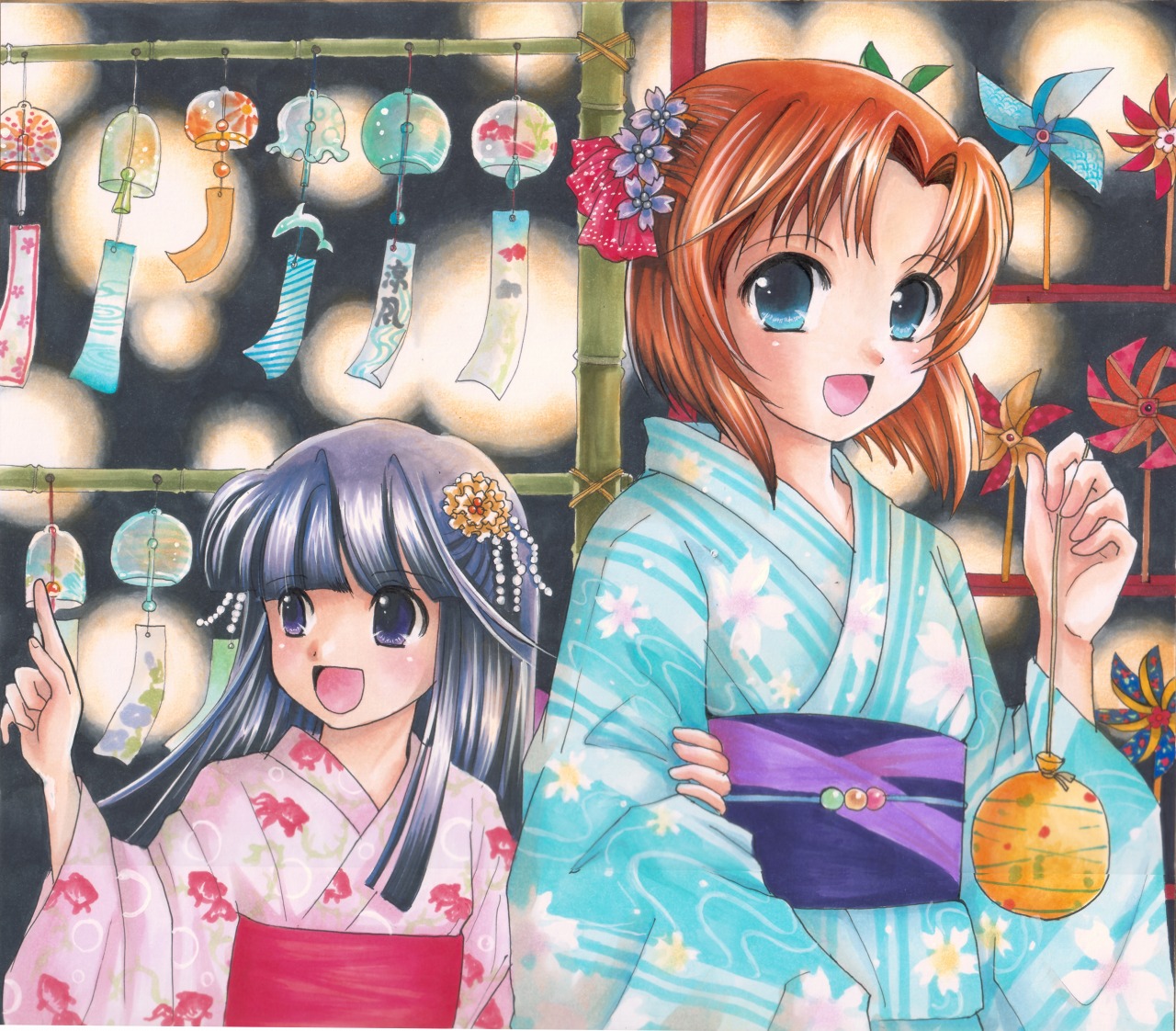 gintarou (puipuiginta), furude rika, ryuuguu rena, higurashi no naku koro ni, bad id, bad pixiv id, scan, traditional media, 00s, 2girls, :d, blue eyes, blue hair, blue kimono, crease, festival, floral print, hair ornament, japanese clothes, kimono, multiple girls, obi, open mouth, pink kimono, pinwheel, print kimono, red hair, sash, smile, striped clothes, striped kimono, vertical-striped clothes, vertical-striped kimono, wind chime, yukata