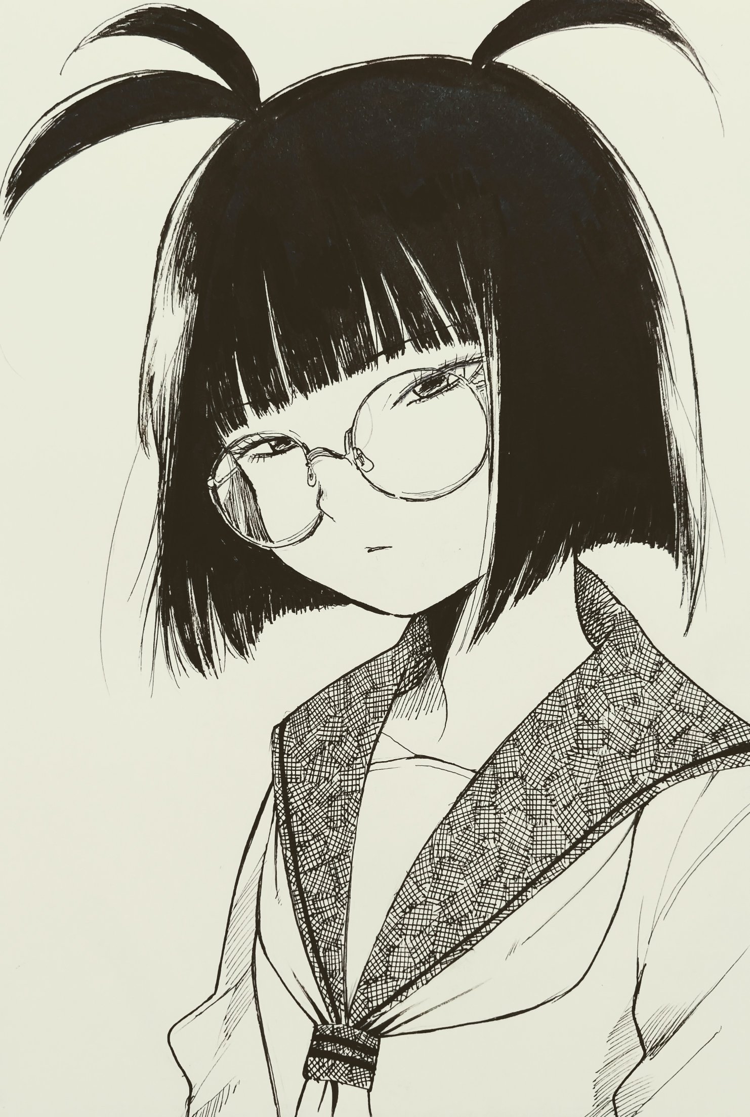 misaki toji, highres, 1girl, antenna hair, black hair, blunt bangs, bowl cut, glasses, kinku mochi, lineart, monochrome, round eyewear, sailor collar, school uniform, short hair, the kinks, twintails, upper body, white background