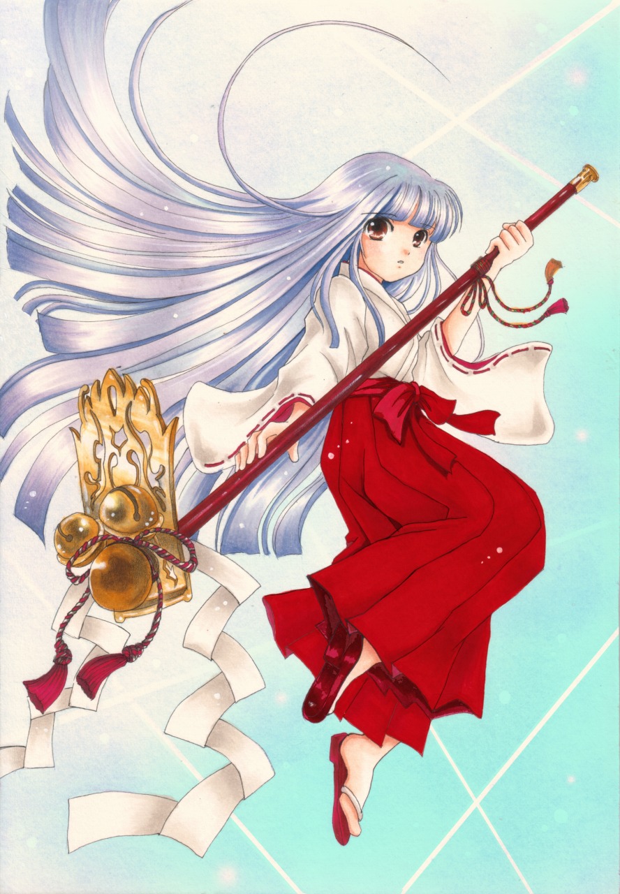gintarou (puipuiginta), furude rika, higurashi no naku koro ni, bad id, bad pixiv id, highres, 00s, 1girl, bell, brown eyes, clog sandals, female focus, hakama, hakama skirt, hoe, japanese clothes, long hair, miko, purple hair, red hakama, sandals, skirt, solo, very long hair, worktool, zouri