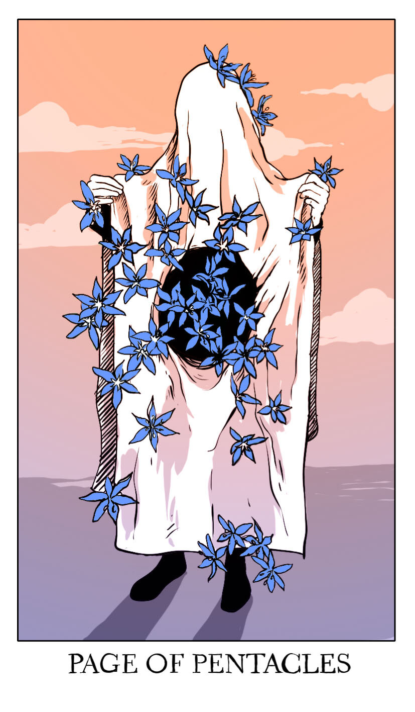 jessica hayworth, highres, blue flower, border, card (medium), cloud, covered face, english text, evening, flower, gradient sky, hole in stomach, minor arcana (tarot), orange sky, outdoors, pale skin, purple sky, sheet ghost, sky, solo, standing, sunset, surreal, tarot, tarot (medium), too many flowers, welcome to night vale, white border