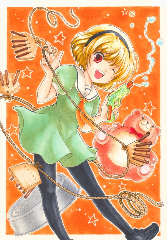 gintarou (puipuiginta), houjou satoko, higurashi no naku koro ni, bad id, bad pixiv id, 00s, 1girl, blonde hair, dress, ema, female focus, one eye closed, pantyhose, red eyes, sailor dress, short hair, solo, water gun, wink