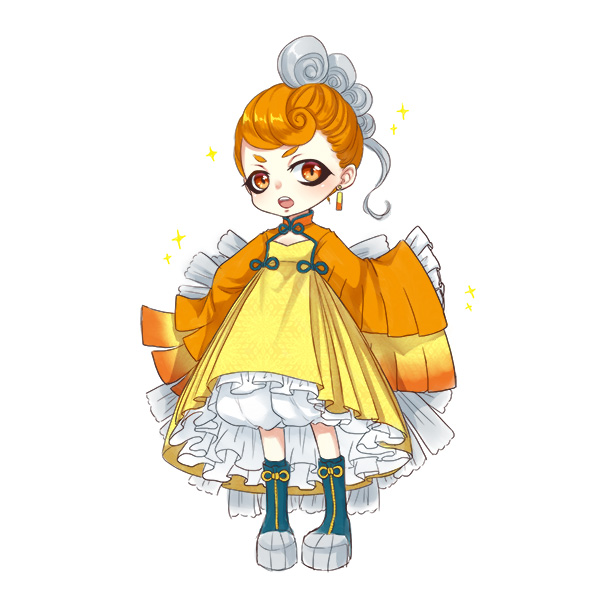 kasuka108, nintendo, pokemon, character request, 1girl, :o, boots, dress, earrings, eyeliner, full body, jewelry, makeup, orange hair, personification, standing, wide sleeves, yellow dress