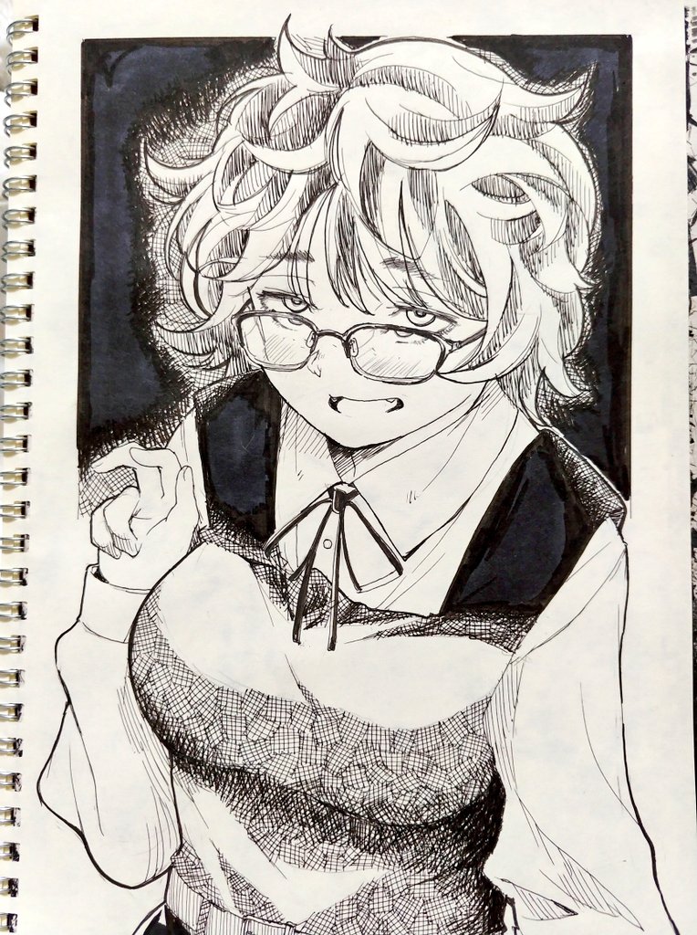 misaki toji, original, 1girl, black background, blush, breasts, fang, glasses, large breasts, lineart, messy hair, monochrome, nervous smile, ribbon, school uniform, shirt, smile, v
