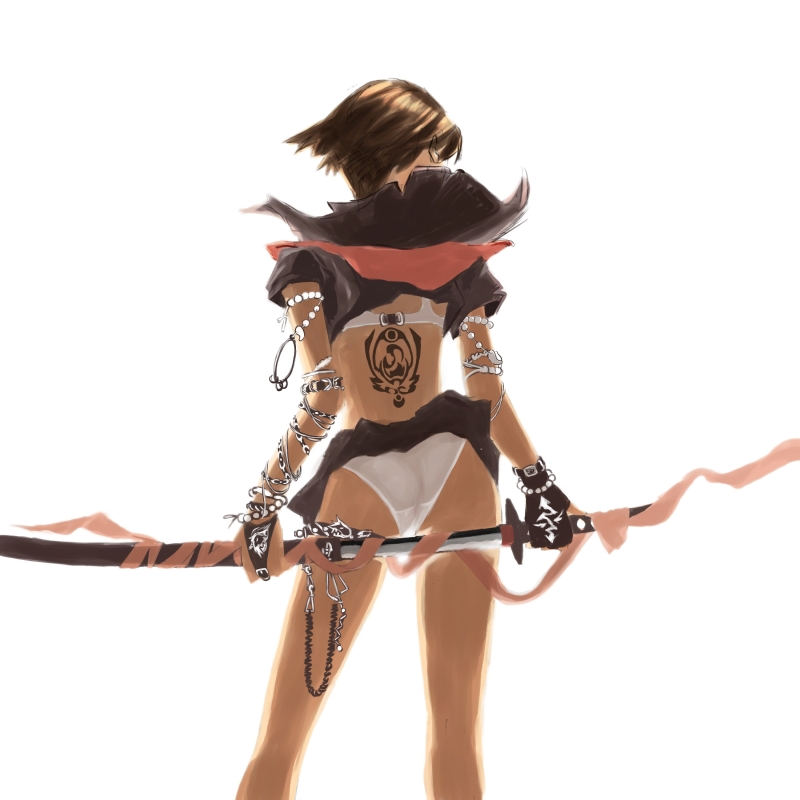 yuzmit, 1girl, ass, back, back tattoo, bra, brown hair, closed eyes, female focus, gloves, lingerie, panties, sheath, solo, sword, tattoo, underwear, unsheathing, weapon