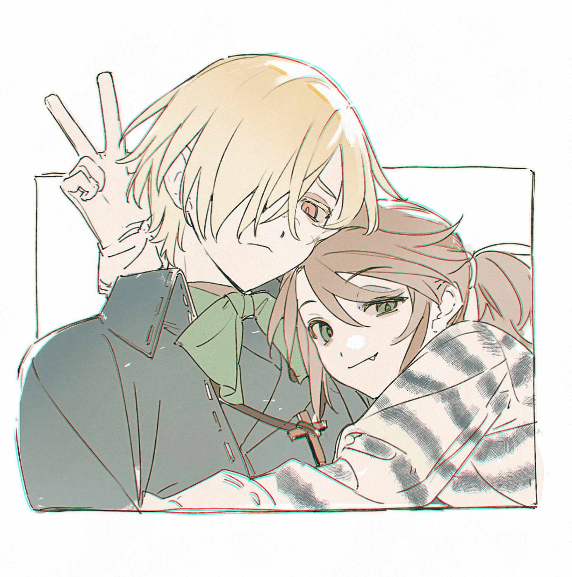 andrew kreiss, luca balsa, identity v, highres, 2boys, black jacket, blonde hair, border, bow, bowtie, brown hair, collared jacket, colored eyelashes, cross, cross necklace, fang, fang out, gloves, green eyes, hair ornament, hair over one eye, hair tie, half-closed eye, heads together, hug, jacket, jewelry, looking at viewer, multiple boys, necklace, open clothes, open jacket, outside border, ponytail, red eyes, shizuka0217, short hair, short ponytail, sidelocks, simple background, striped clothes, uneven eyes, upper body, v, vertical-striped clothes, white background, white gloves