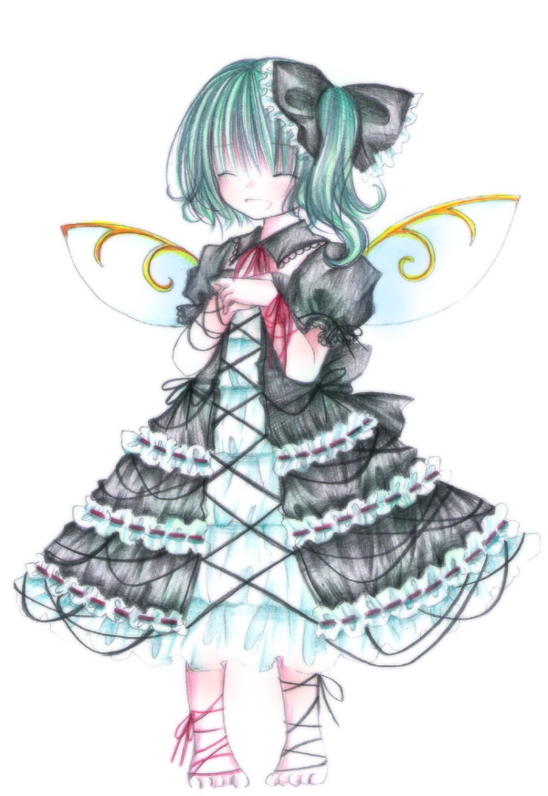 kasuga sunao, daiyousei, embodiment of scarlet devil, touhou, bad id, bad pixiv id, 1girl, :d, barefoot, bow, closed eyes, dress, fairy wings, female focus, full body, gothic lolita, green hair, grin, hair bow, lolita fashion, open mouth, own hands together, pale skin, side ponytail, simple background, smile, solo, standing, white background, wings