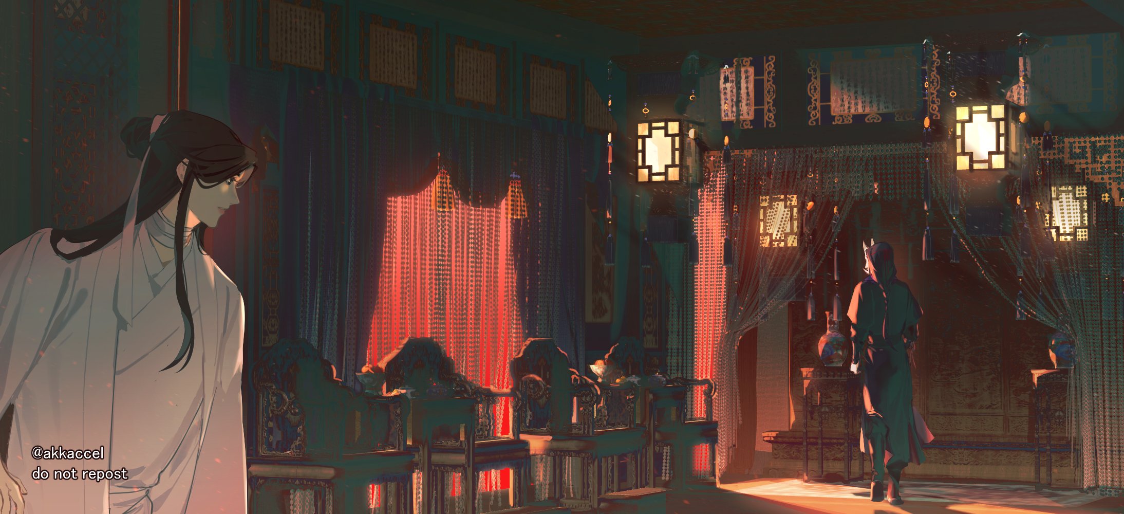 suto (sakumaaritsu), xie lian, tianguan cifu, commentary, english commentary, highres, 2boys, architecture, bandaged neck, bandages, bead curtain, black hair, black hanfu, braid, brown hair, chair, chinese clothes, curtained hair, curtains, east asian architecture, from behind, hair bun, hair ribbon, hanfu, indoors, lantern, long sleeves, male focus, mask, multiple boys, oni mask, profile, ribbon, sidelocks, single braid, single hair bun, standing, vase, walking, white hanfu, white ribbon, wide shot, yin yu