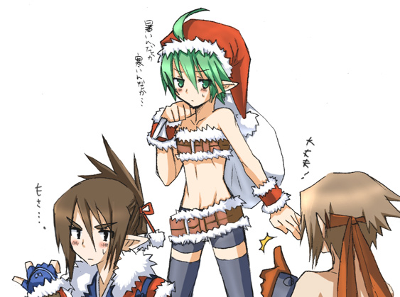 female warrior (disgaea), male warrior (disgaea), samurai (disgaea), disgaea, makai senki disgaea 2, nippon ichi, 1girl, 2boys, blush, brown hair, christmas, demon boy, demon girl, gloves, green eyes, green hair, hat, headband, multiple boys, pointy ears