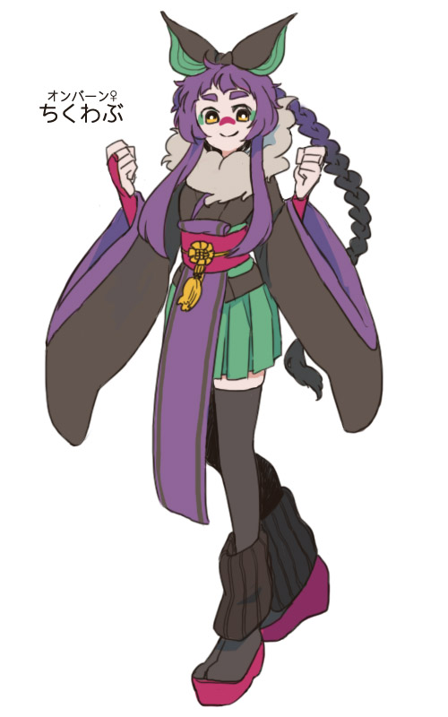 kajiro (chips), noivern, nintendo, pokemon, black bow, black thighhighs, bow, braid, braided ponytail, character name, clenched hand, fur trim, gen 6 pokemon, hair bow, loose socks, personification, sidelocks, simple background, socks, standing, thighhighs, white background, wide sleeves, yellow eyes
