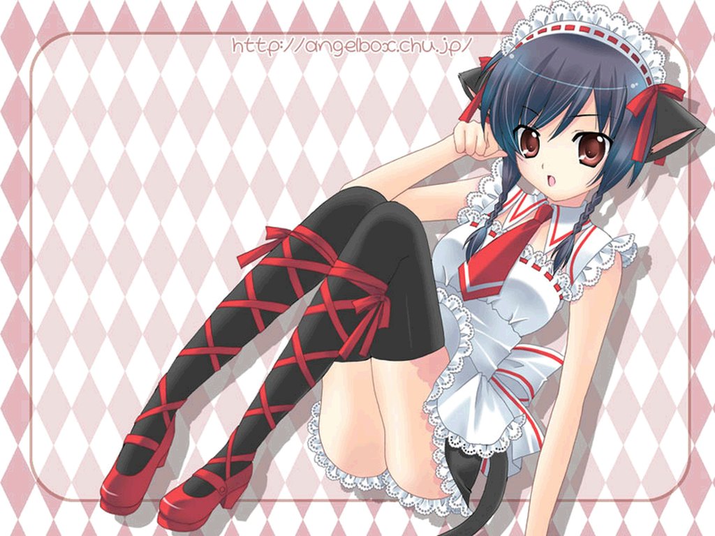 hazuki ruka, non-web source, animal ears, black hair, braid, brown eyes, cat ears, frills, high heels, shoes, short hair, solo, thighhighs, twin braids