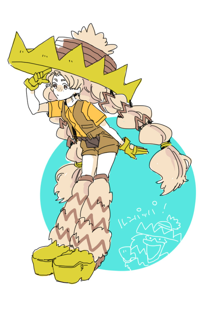 kajiro (chips), ludicolo, nintendo, pokemon, 1girl, blue background, blush, brown shorts, brown vest, freckles, gen 3 pokemon, gloves, green gloves, hand up, hat, open clothes, open vest, pale skin, personification, platform shoes, shirt, short shorts, short sleeves, shorts, solo, thighhighs, vest, white background, yellow shirt