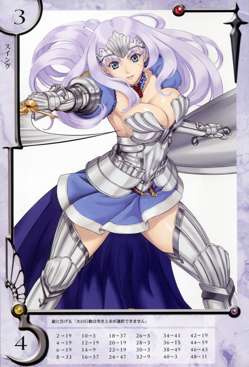 eiwa, annelotte, knight princess annelotte, queen's blade, queen's blade rebellion, highres, 00s, 10s, 1girl, annelotte (queen's blade), armor, armored dress, blue eyes, breasts, cleavage, dress, elbow gloves, female focus, gloves, large breasts, long hair, purple hair, smile, solo, sword, thighhighs, tiara, weapon