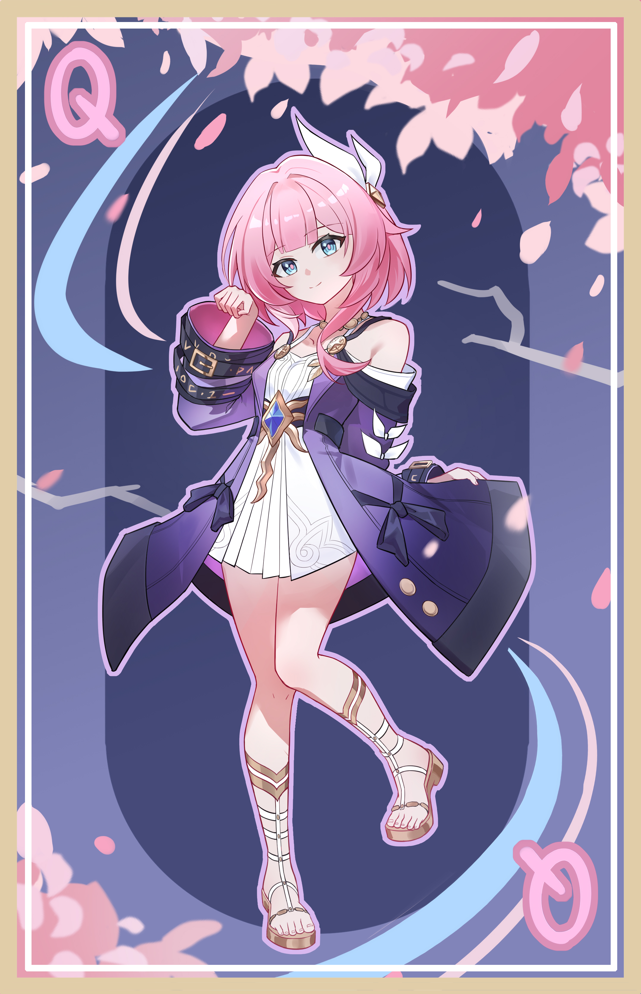 cyrene (honkai: star rail), honkai: star rail, honkai (series), absurdres, chinese commentary, commentary request, highres, 1girl, bare shoulders, blue eyes, breasts, cherry blossoms, coat, cyrene (aedes elysiae) (honkai: star rail), dress, full body, hair ornament, jewelry, looking at viewer, necklace, pink hair, purple background, purple coat, sandals, short hair, small breasts, smile, solo, toes, white dress, xunzhao caihong hai ya