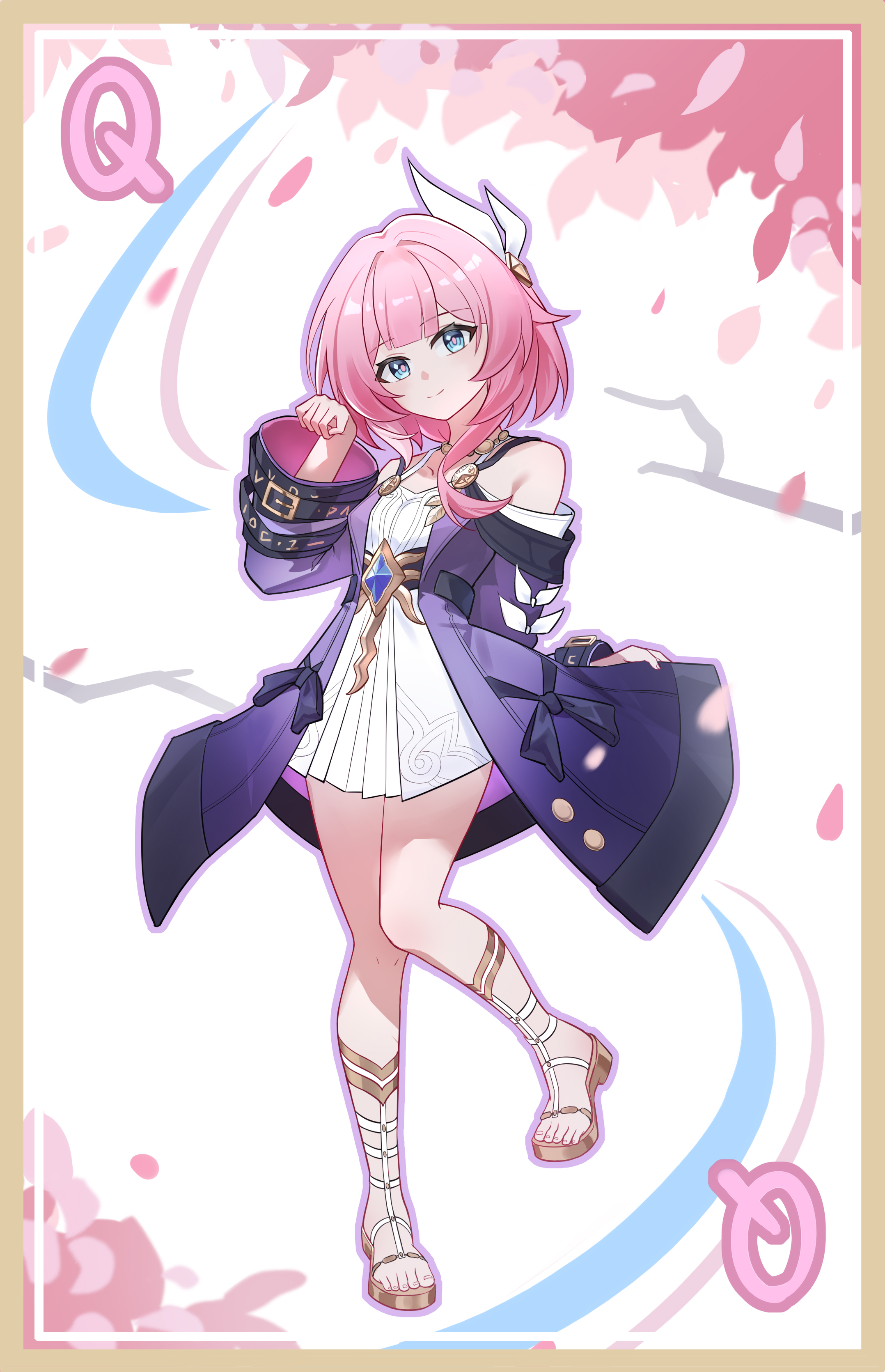 cyrene (honkai: star rail), honkai: star rail, honkai (series), absurdres, chinese commentary, commentary request, highres, 1girl, bare shoulders, blue eyes, breasts, cherry blossoms, coat, cyrene (aedes elysiae) (honkai: star rail), dress, full body, hair ornament, jewelry, looking at viewer, necklace, pink hair, purple coat, sandals, short hair, small breasts, smile, solo, toes, white background, white dress, xunzhao caihong hai ya