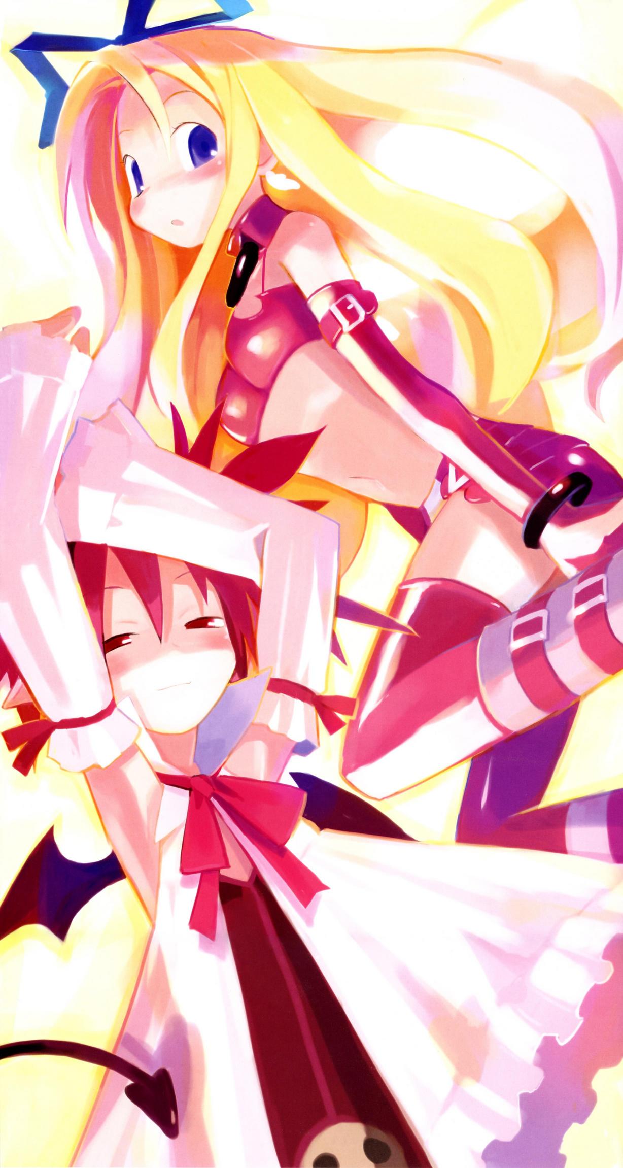 etna (disgaea), flonne, disgaea, makai senki disgaea, makai senki disgaea 2, makai senki disgaea 3, nippon ichi, highres, 2girls, angel, bat wings, blonde hair, blue eyes, bow, choker, collar, cosplay, costume switch, demon, demon girl, detached sleeves, earrings, elbow gloves, etna (disgaea) (cosplay), flat chest, flonne (cosplay), gloves, jewelry, long hair, multiple girls, pink hair, pointy ears, red eyes, smile, smirk, tail, wings