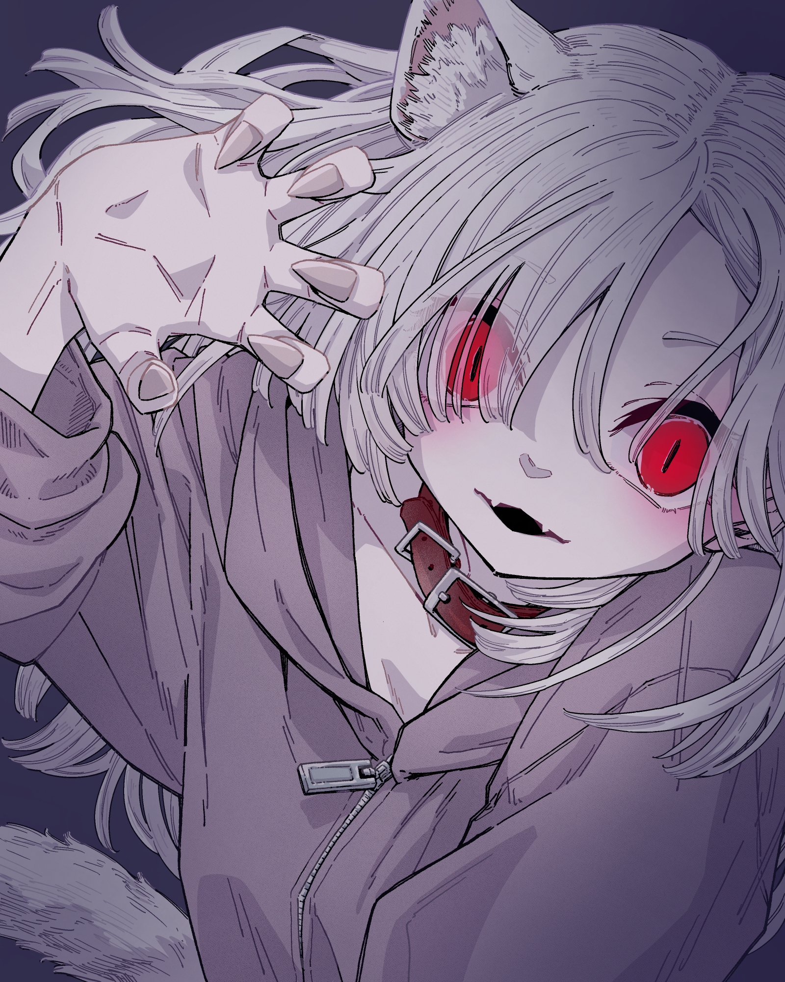 fujisawa yuuki, original, commentary request, highres, 1girl, animal ears, cat ears, cat girl, claw pose, collar, fingernails, hood, hoodie, long hair, looking at viewer, red eyes, sharp fingernails, slit pupils, solo, upper body, white hair, wide-eyed