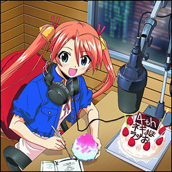 kagurazaka asuna, mahou sensei negima!, lowres, 00s, 1girl, bell, cake, female focus, food, hair bell, hair ornament, headphones, headphones around neck, heterochromia, long hair, microphone, microphone stand, orange hair, pastry, radio booth, shaved ice, solo, studio microphone, twintails