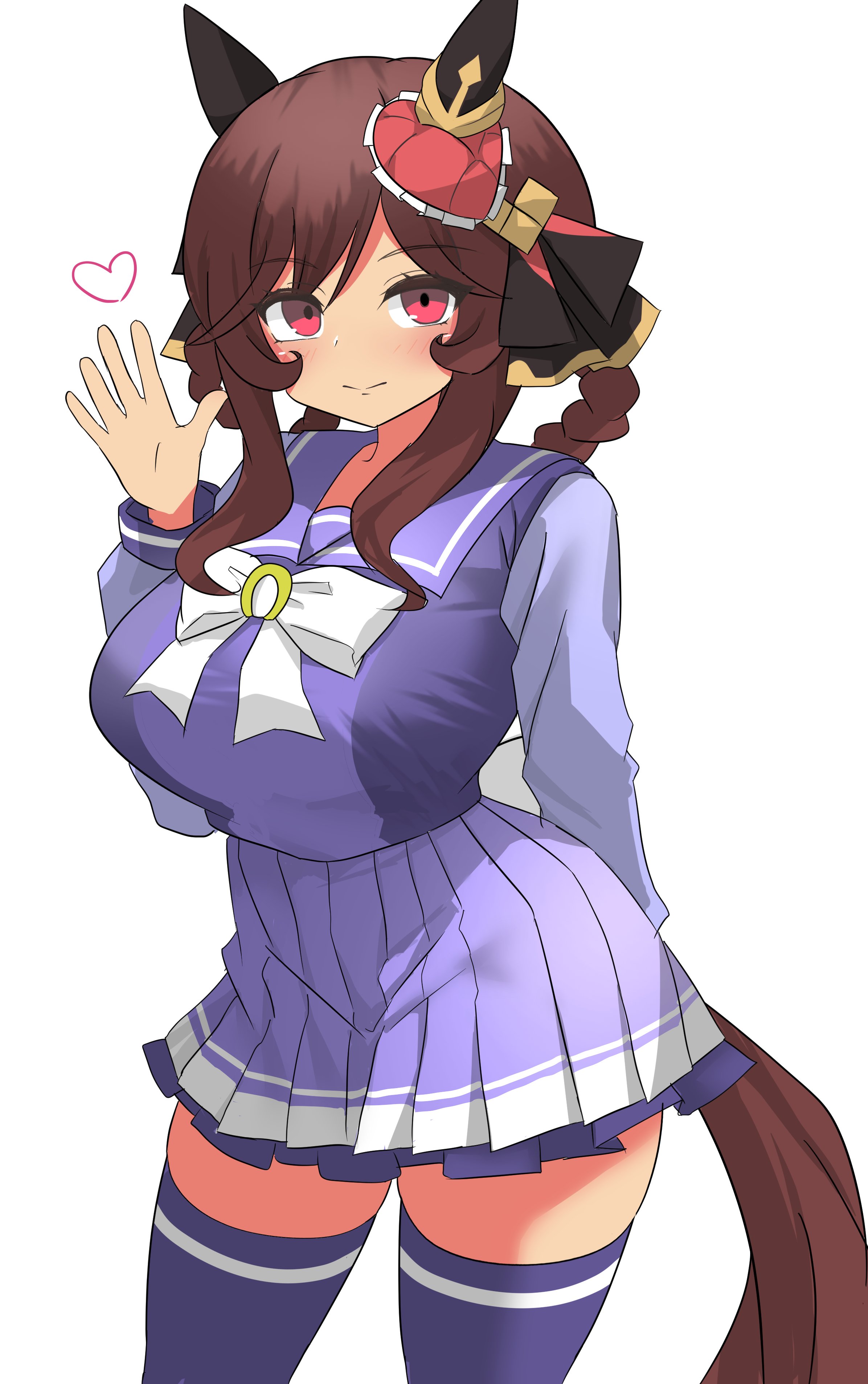 shimosazami, gentildonna (umamusume), umamusume, absurdres, highres, 1girl, animal ears, blush, bow, bowtie, braid, braided hair rings, breasts, brown hair, closed mouth, cowboy shot, ear covers, ear ornament, hair between eyes, hair ornament, hair rings, heart, heart-shaped ornament, heart ear ornament, horse ears, horse girl, horse tail, large breasts, long hair, long sleeves, looking at viewer, purple sailor collar, purple serafuku, purple shirt, purple skirt, purple thighhighs, red eyes, sailor collar, sailor shirt, school uniform, serafuku, shirt, simple background, skirt, smile, solo, tail, thighhighs, tracen school uniform, waving, white background, white bow, white bowtie, zettai ryouiki