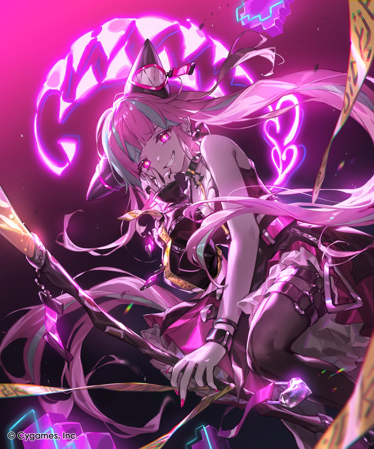 lee hyeseung, shadowverse, shadowverse: worlds beyond, commentary request, highres, official art, 1girl, bare shoulders, black pantyhose, black shirt, blue hair, bracelet, breasts, cleavage cutout, clothing cutout, company name, detached sleeves, earrings, evil grin, evil smile, glowing, glowing eyes, grin, hand on own face, heart, heart cutout, heart earrings, holding, jewelry, lilanthim (shadowverse), long hair, looking at viewer, medium breasts, multicolored hair, pantyhose, pink eyes, pink hair, pink nails, pink skirt, raised eyebrow, sharp teeth, shirt, single detached sleeve, skirt, smile, solo, star-shaped pupils, star (symbol), symbol-shaped pupils, teeth, thigh strap, twintails, two-tone hair, very long hair, zipper