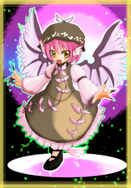 eimin, mystia lorelei, touhou, 1girl, bird wings, brown dress, brown hat, dress, feathered wings, female focus, fingernails, frilled dress, frills, hat, juliet sleeves, long sleeves, mary janes, nail polish, pink hair, puffy sleeves, sharp fingernails, shoes, solo, white sleeves, winged hat, wings, yellow eyes