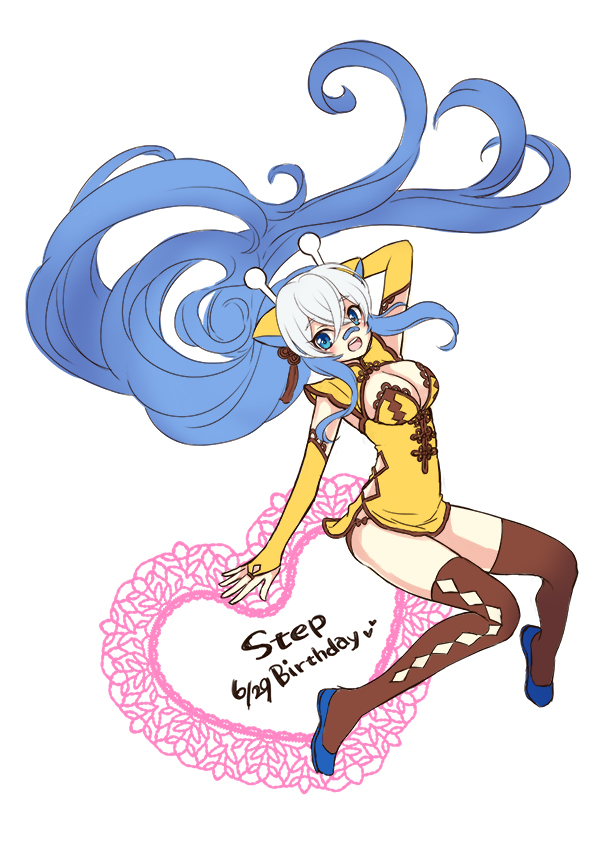 kasuka108, girafarig, nintendo, pokemon, 1girl, :d, arm up, black thighhighs, blue eyes, blue hair, blue shoes, breasts, china dress, chinese clothes, cleavage, dated, dress, gen 2 pokemon, heart, horns, invisible chair, long hair, multicolored hair, open mouth, personification, shoes, sitting, smile, solo, thighhighs, two-tone hair, very long hair, white hair
