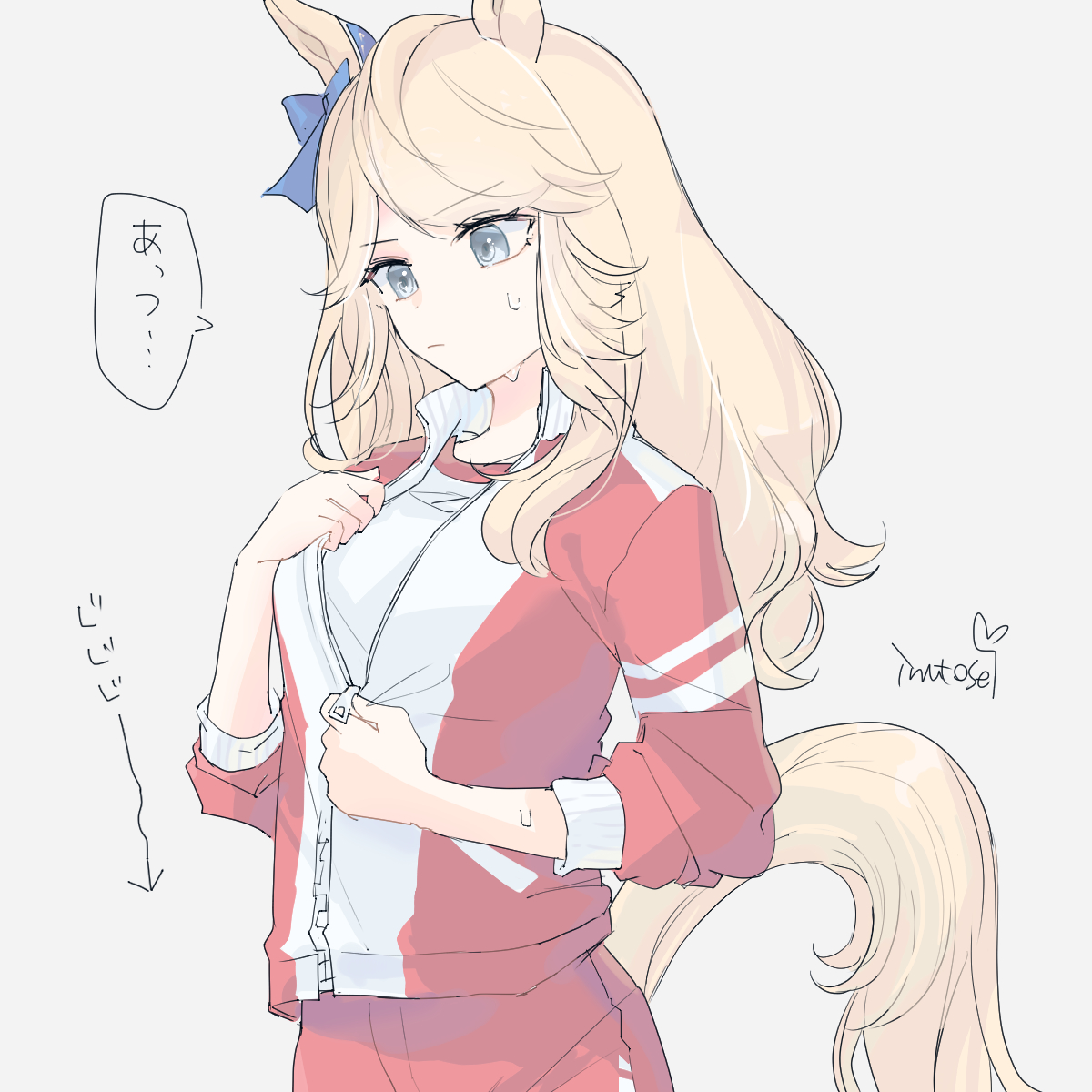 inutose, gold city (umamusume), umamusume, highres, 1girl, animal ears, blonde hair, blue bow, blue eyes, bow, breasts, closed mouth, ear bow, ear ornament, gym shirt, horse ears, horse girl, horse tail, jacket, long hair, long sleeves, partially unzipped, red jacket, red shorts, shirt, shorts, simple background, solo, speech bubble, sweat, tail, tracen training uniform, track jacket, unzipping, white shirt