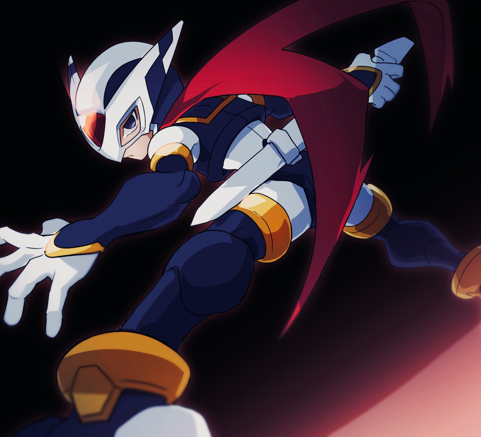 omeehayo, hidden phantom (mega man), mega man (series), mega man zero (series), highres, 1boy, armor, black armor, black background, black eyes, black helmet, dagger, from behind, helmet, holding, holding dagger, holding knife, holding weapon, knife, ninja, red scarf, scarf, simple background, solo, weapon