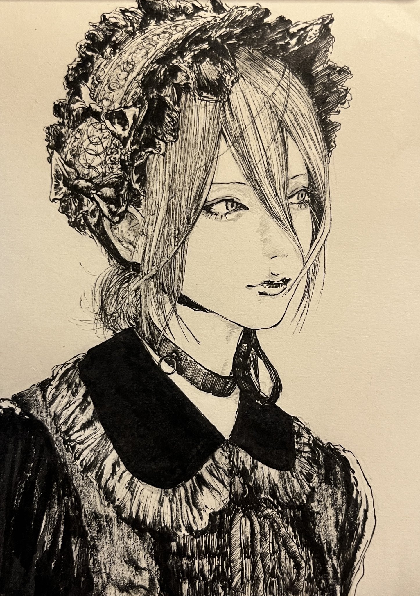 reze (chainsaw man), chainsaw man, highres, traditional media, 1girl, alternate costume, choker, closed mouth, frilled hairband, frills, hair between eyes, hair bun, hairband, lips, medium hair, solo, ulpham, upper body