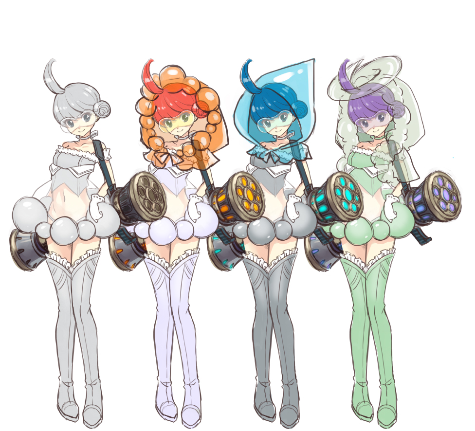 kasuka108, castform, castform (normal), castform (rainy), castform (snowy), castform (sunny), nintendo, pokemon, 4girls, ahoge, gen 3 pokemon, gloves, goggles, green thighhighs, grey hair, grey hiphighs, grey skirt, hiphighs, looking at viewer, midriff, multiple girls, navel, personification, purple hair, red hair, short hair, simple background, skirt, standing, thighhighs, white background, white gloves, zettai ryouiki